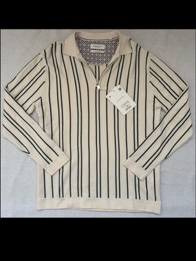 Denim&Flower Ricky Singh Men’s Ivory Knit Long-sleeve Zip Closure Shirt Size L